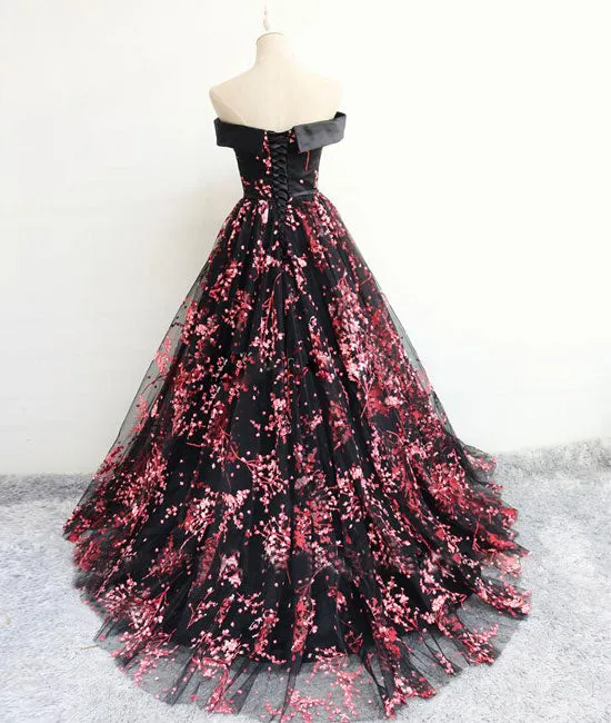 Black tulle lace long prom dress, black evening dress