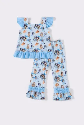 Blue character angel ruffle pants set