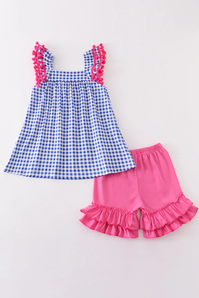 Blue pencil applique plaid girl set