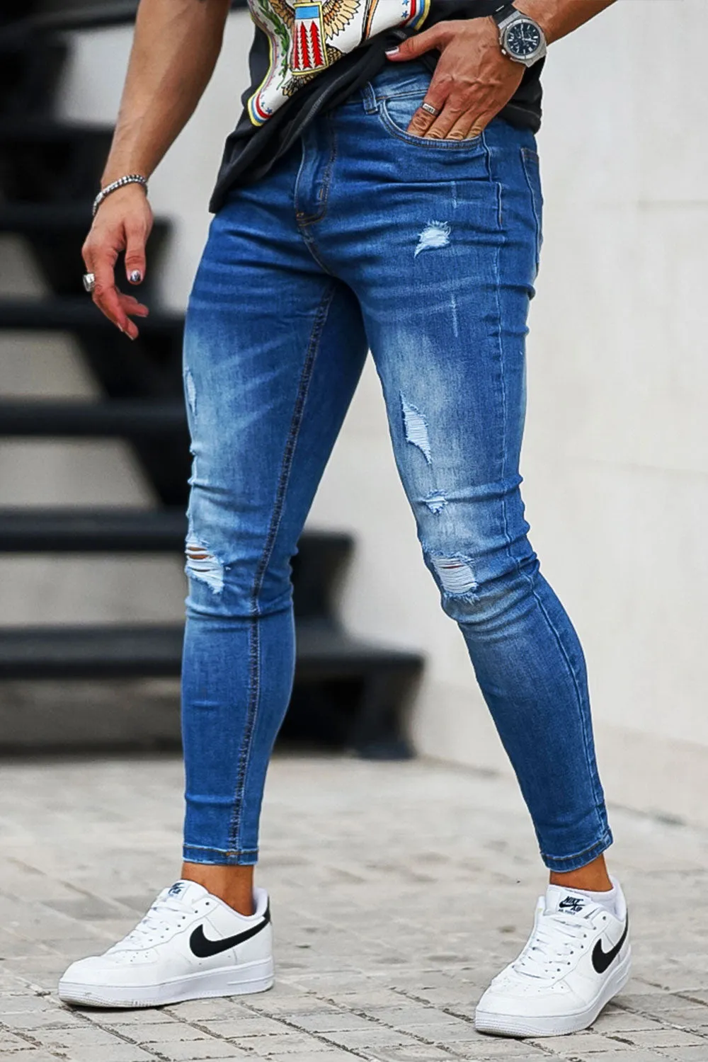 Buy $80 Free Shipping Men's Blue High Waist Ripped Jean