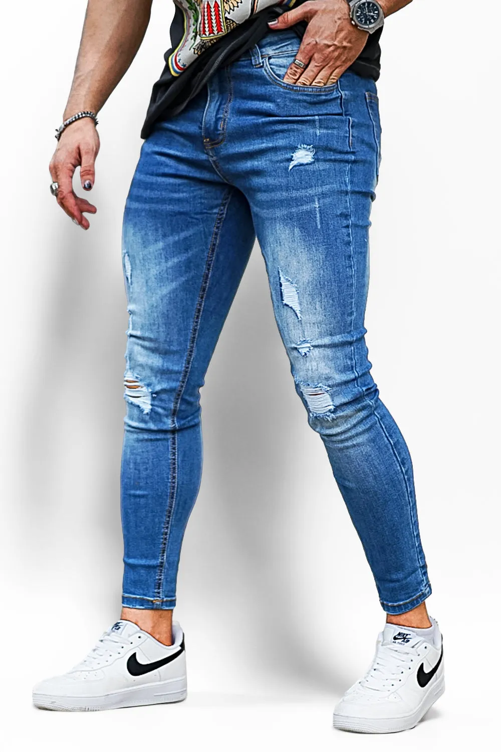 Buy $80 Free Shipping Men's Blue High Waist Ripped Jean