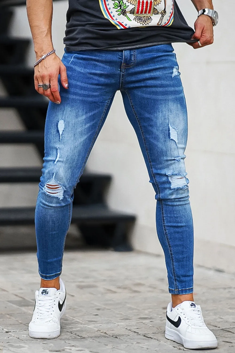 Buy $80 Free Shipping Men's Blue High Waist Ripped Jean