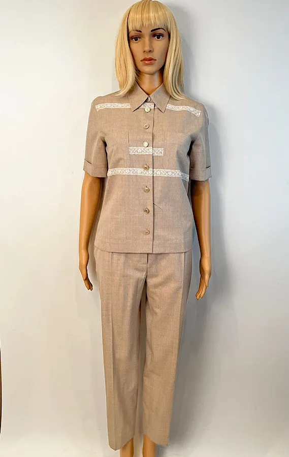 Vintage Chanel 1997 Khaki Blouse Pants Summer Wool Set FR 34